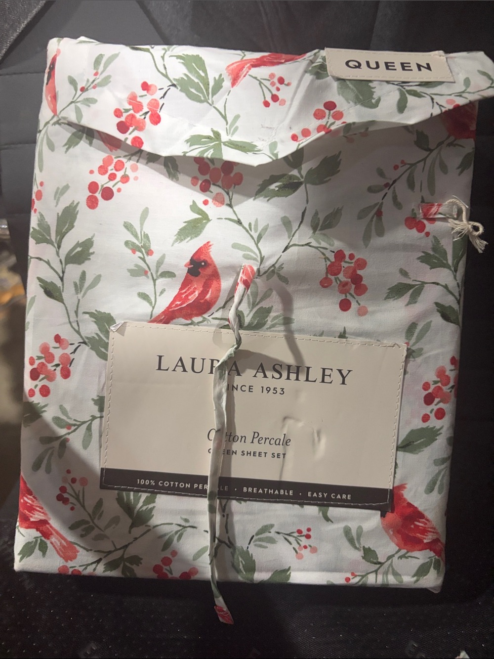 Laura Ashley White Sheet Set with Red Cardinals and Green Foliage